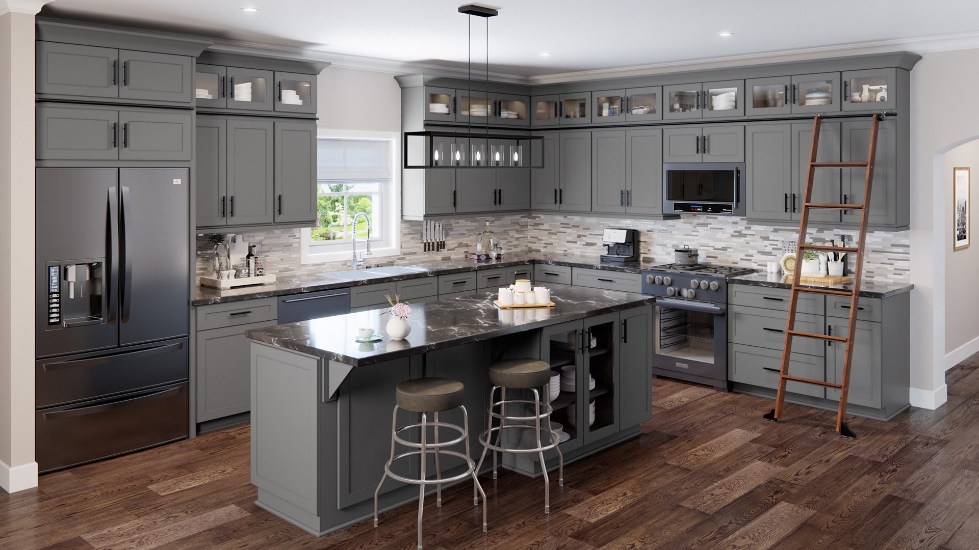 light grey kitchen cabinet with black countertops