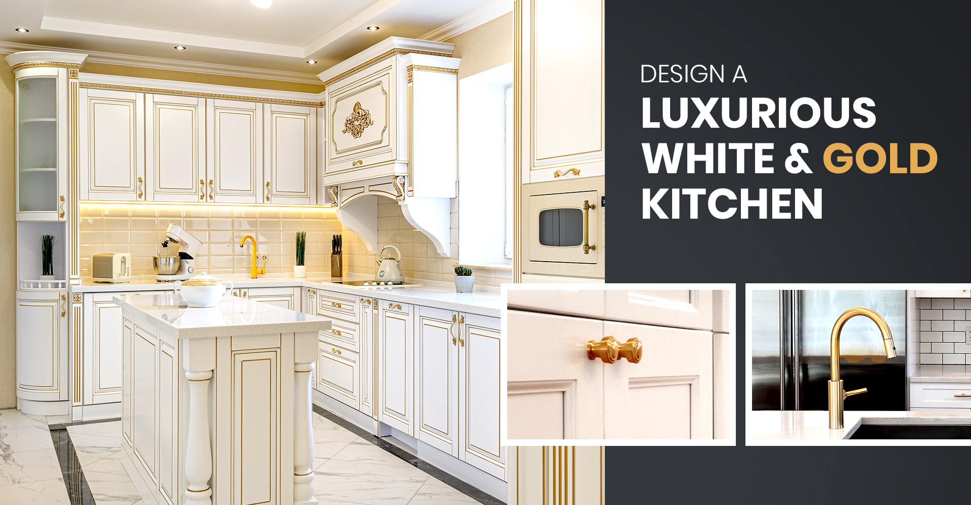 white kitchen with gold lighting