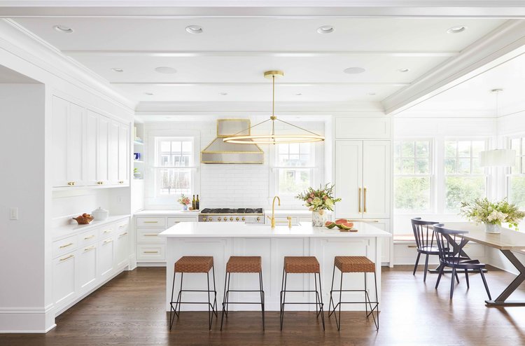 White and Gold Hanging Kitchen Shelves - Transitional - Kitchen