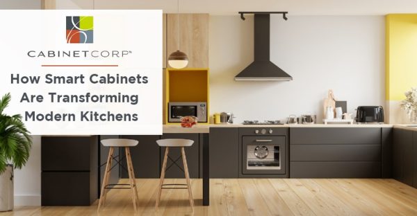 Smart cabinets with voice control and LED lighting in a modern kitchen design