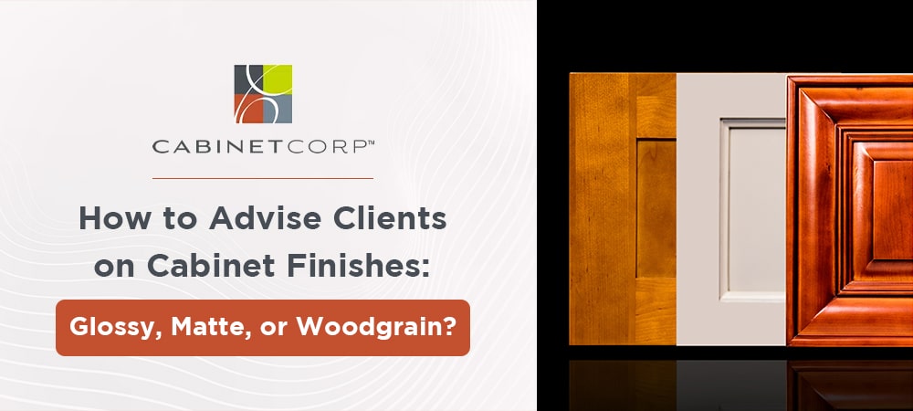 Comparison of cabinet finishes: glossy, matte, woodgrain, and hybrid options in a modern kitchen setting.