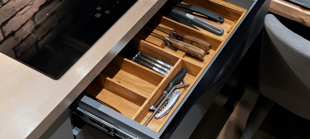 Innovative storage solutions optimizing kitchen space with hidden and functional cabinets.