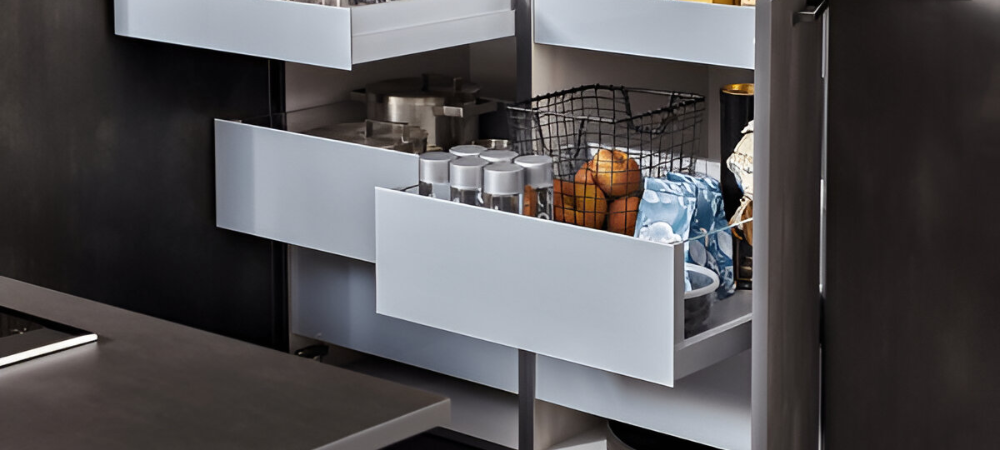 Innovative kitchen cabinets featuring smart storage solutions for optimized organization.